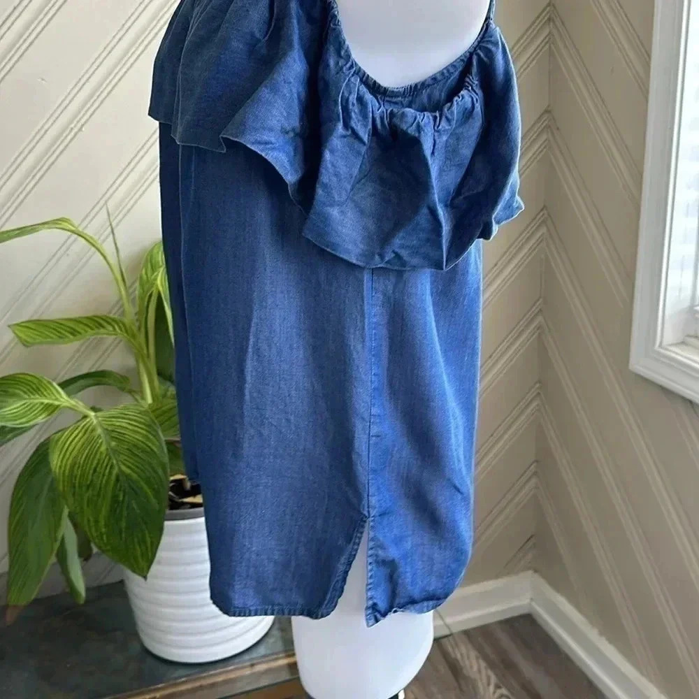 Denim Sleeveless Flutter Button Up Size Large - image 5